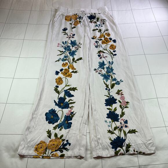 Anthropologie Pants Womens Medium White Floral Printed Pull On Bohemian Wide Leg - Picture 2 of 12